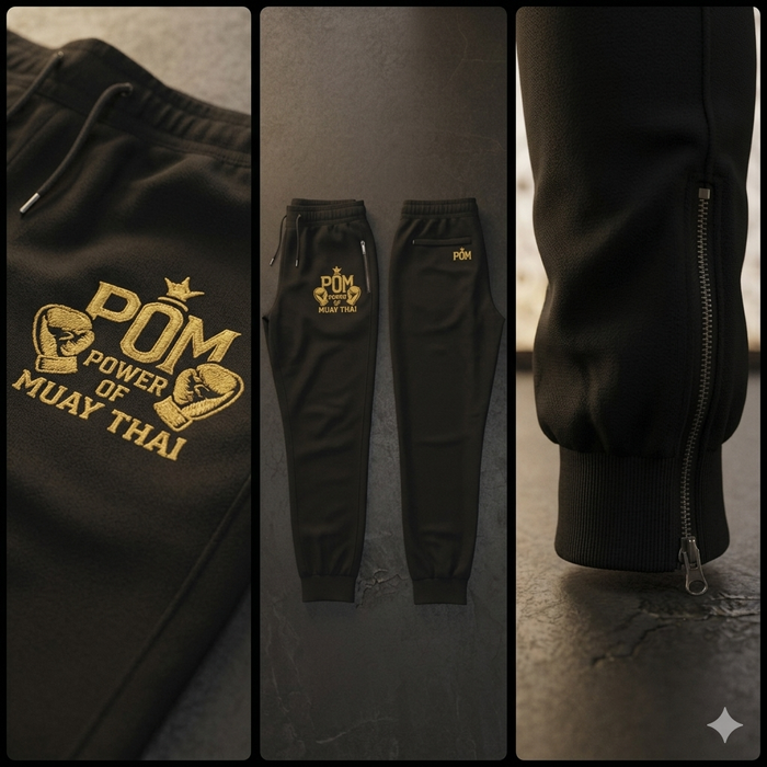P.O.M Jogginghose in Schwarz mit goldener Power-of-Muay-Thai-Stickerei und Reißverschluss am Knöchel
