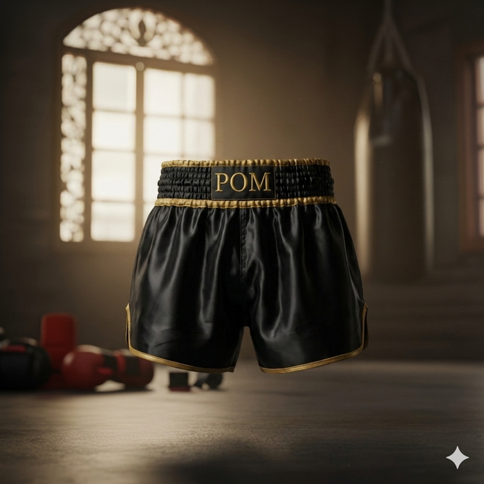 P.O.M Muay Thai Shorts in Schwarz-Gold aus Satin mit goldenen Akzenten