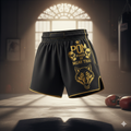 P.O.M Muay Thai Shorts Wolf Edition in Schwarz/Gold mit goldenem Wolf-Design