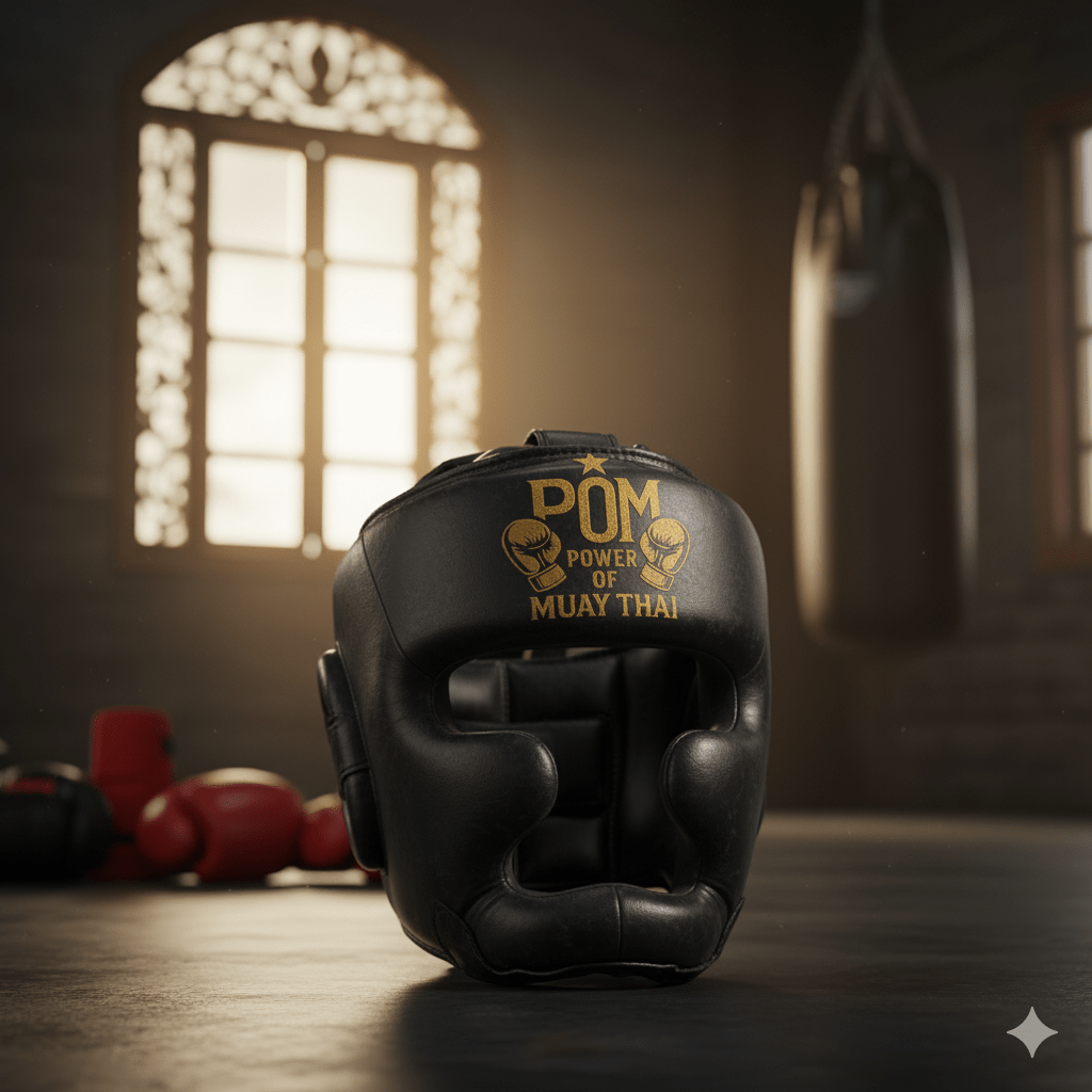 P.O.M Kopfschutz in Schwarz-Gold mit POM-Logo