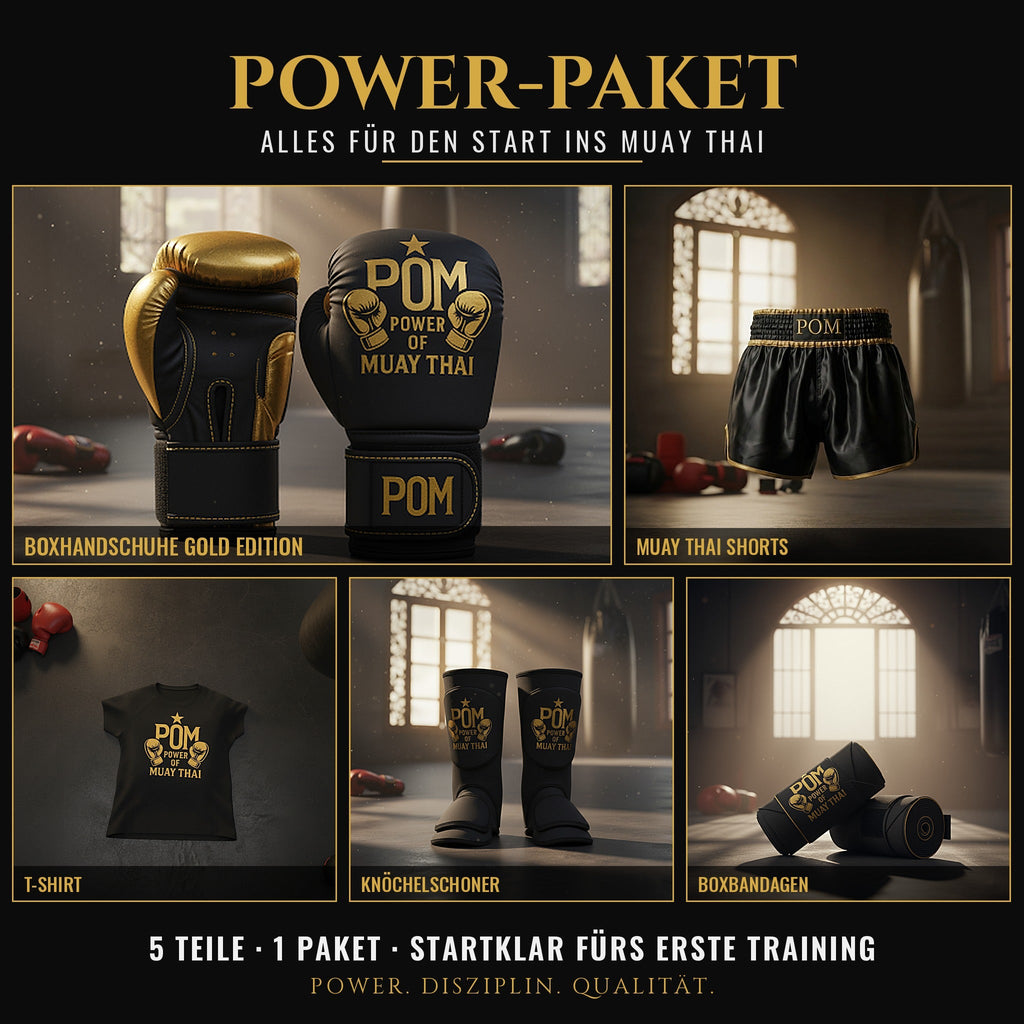 P.O.M Power-Paket – Boxhandschuhe Gold Edition, Shorts, T-Shirt, Knöchelschoner, Bandagen