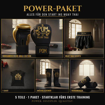 P.O.M Power-Paket – Boxhandschuhe Gold Edition, Shorts, T-Shirt, Knöchelschoner, Bandagen