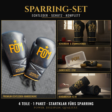 P.O.M Sparring-Set – Echtleder-Handschuhe, Schienbeinschoner, Zahnschutz, Bandagen