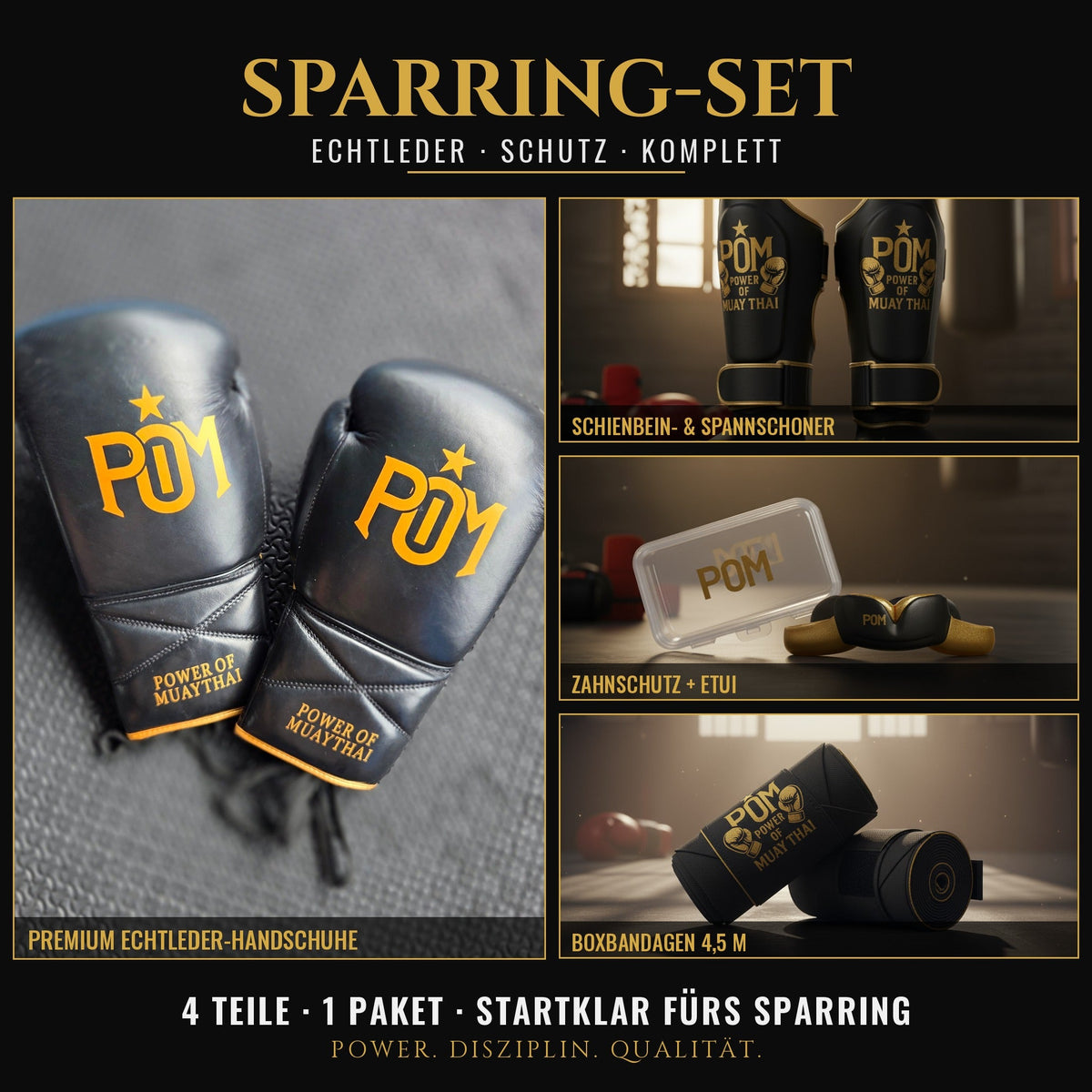P.O.M Sparring-Set – Echtleder-Handschuhe, Schienbeinschoner, Zahnschutz, Bandagen