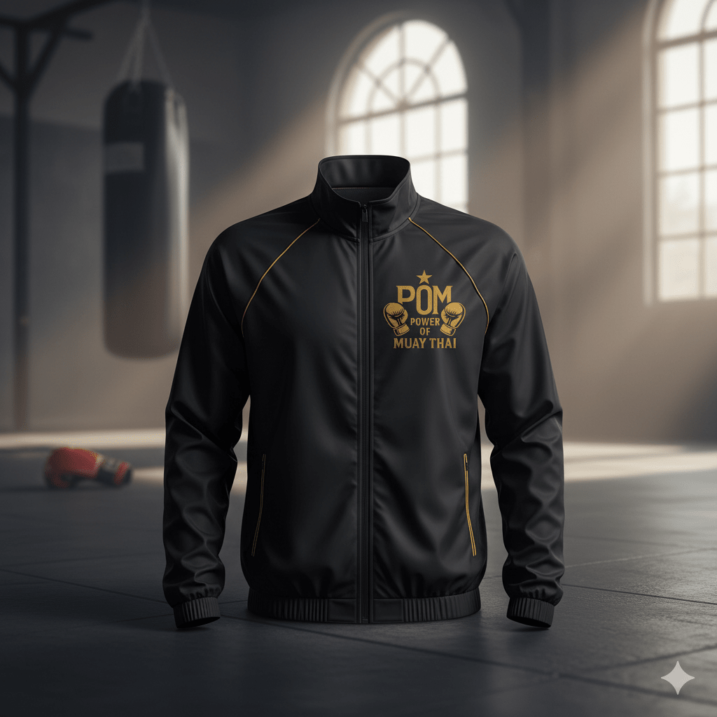 P.O.M Windbreaker in Schwarz mit goldener Power-of-Muay-Thai-Stickerei und goldener Paspelierung